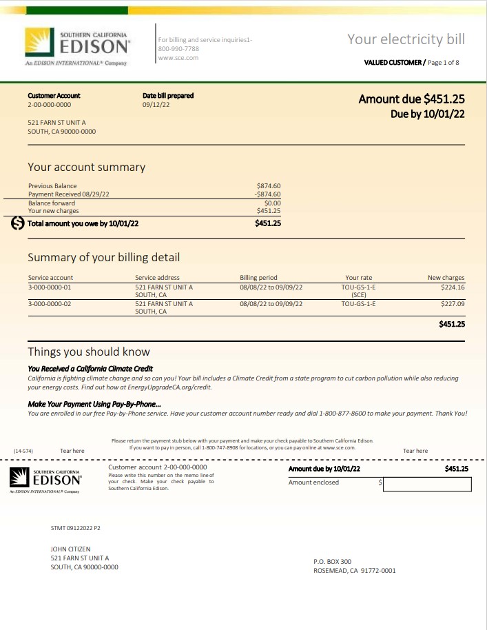 USA Southern California Edison utility bill template in Word and PDF format